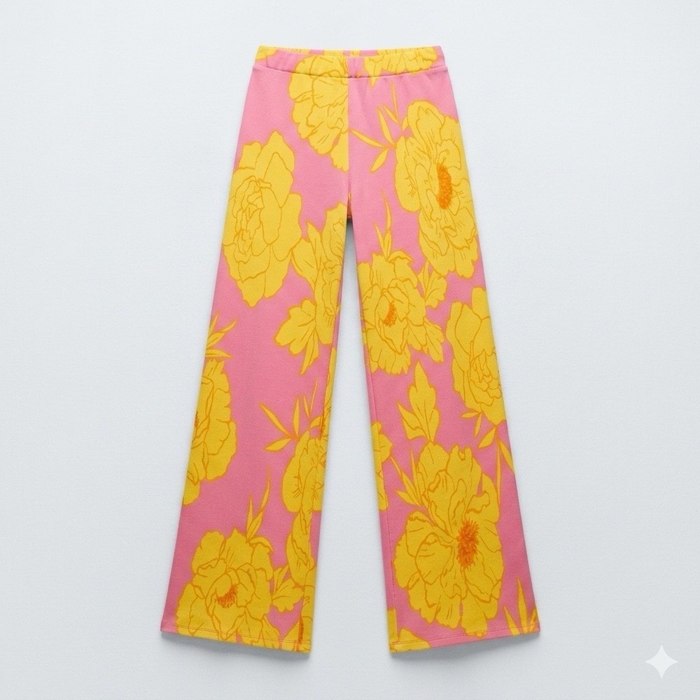 ZARA Pink Yellow Floral Wide Leg Knit Pants Medium M High Rise Stretch Flawed